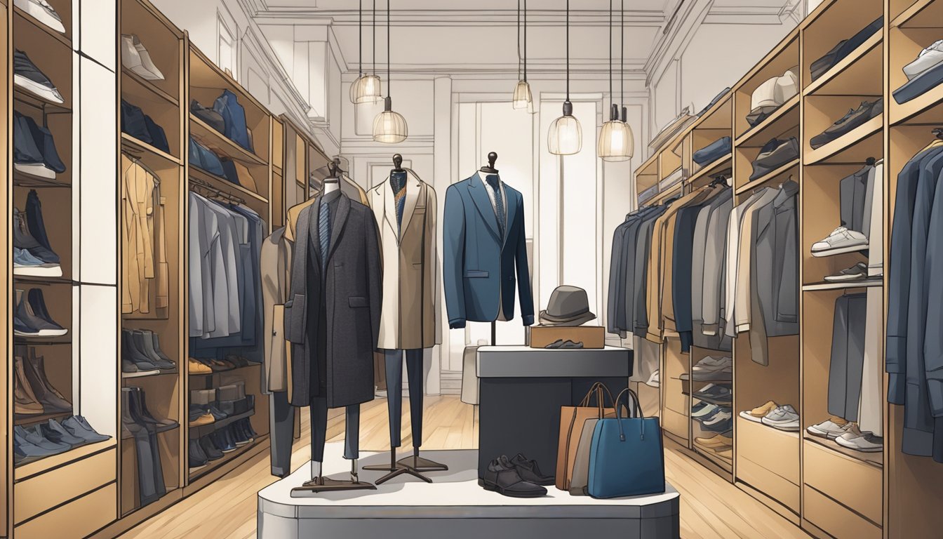 A stylish mannequin stands in a well-lit boutique, surrounded by racks of menswear from various clothing brands. The mannequin is dressed in a carefully curated outfit, showcasing the latest trends in men's fashion