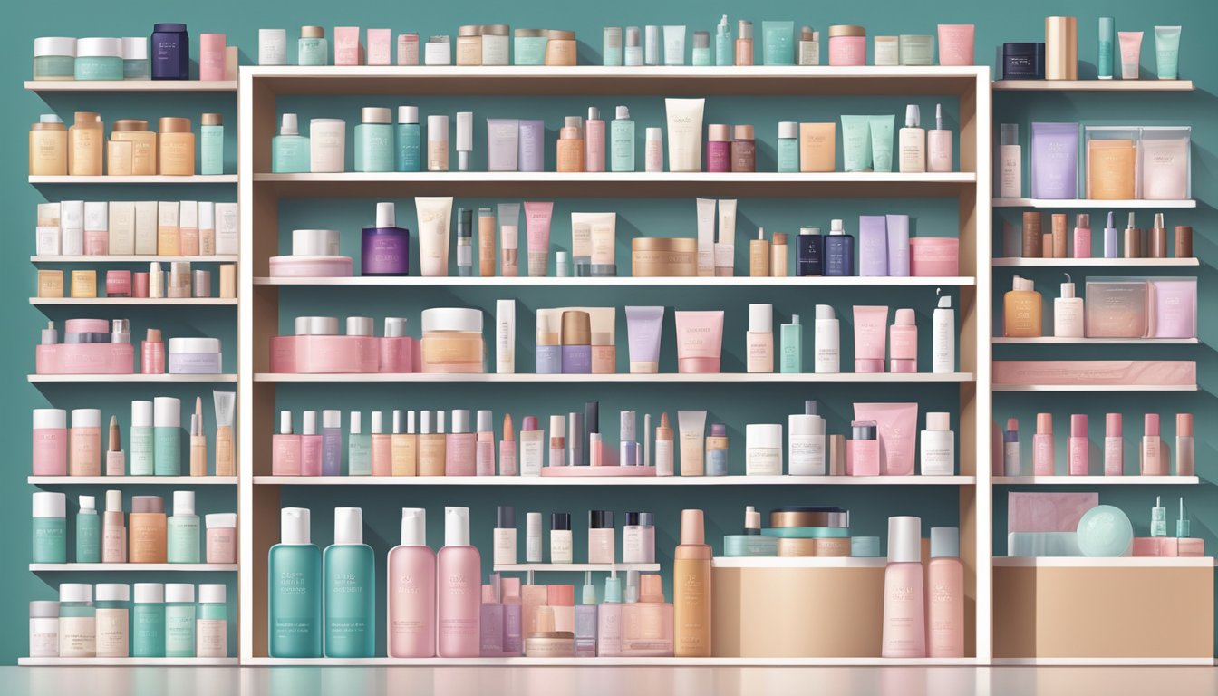 A display of various Korean beauty products, including skincare and makeup, arranged neatly on shelves with clean and modern packaging