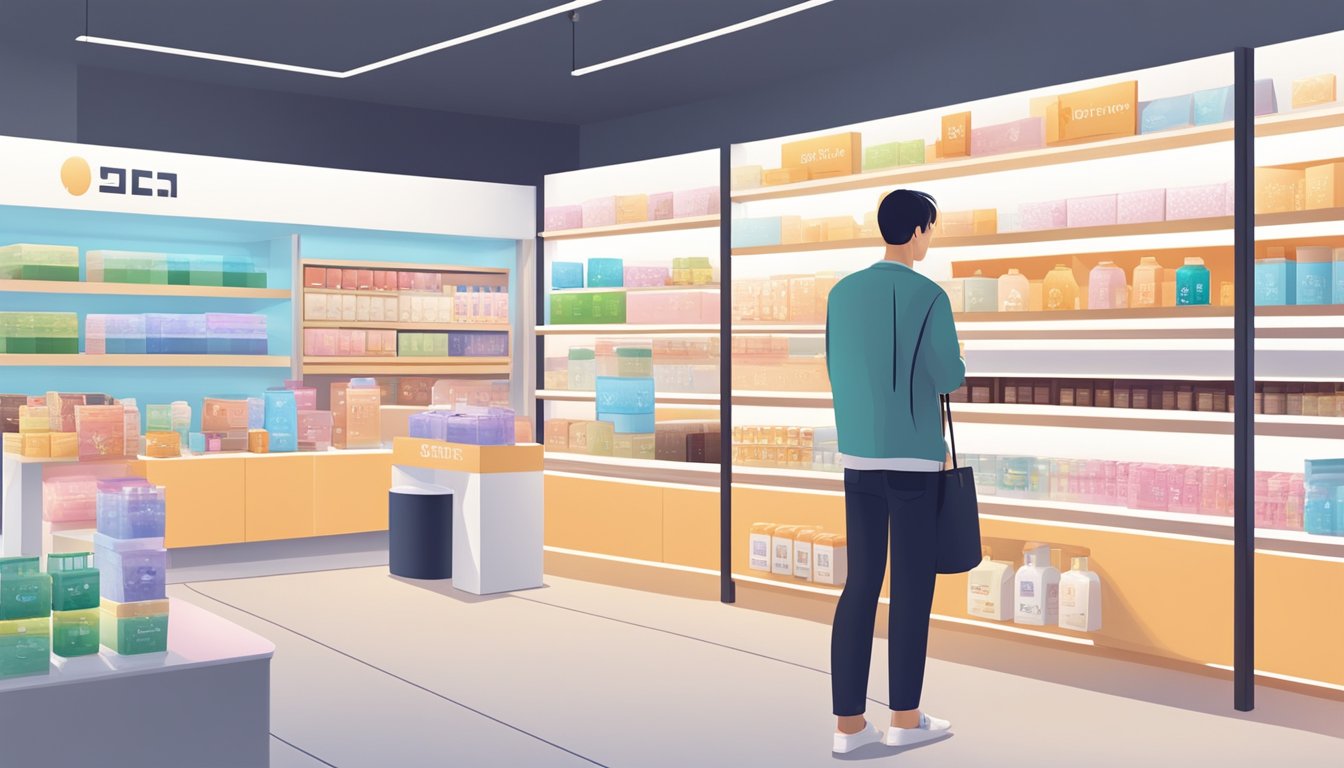 A customer browsing through a variety of Korean products in a modern, minimalist store with sleek, clean displays and soft ambient lighting