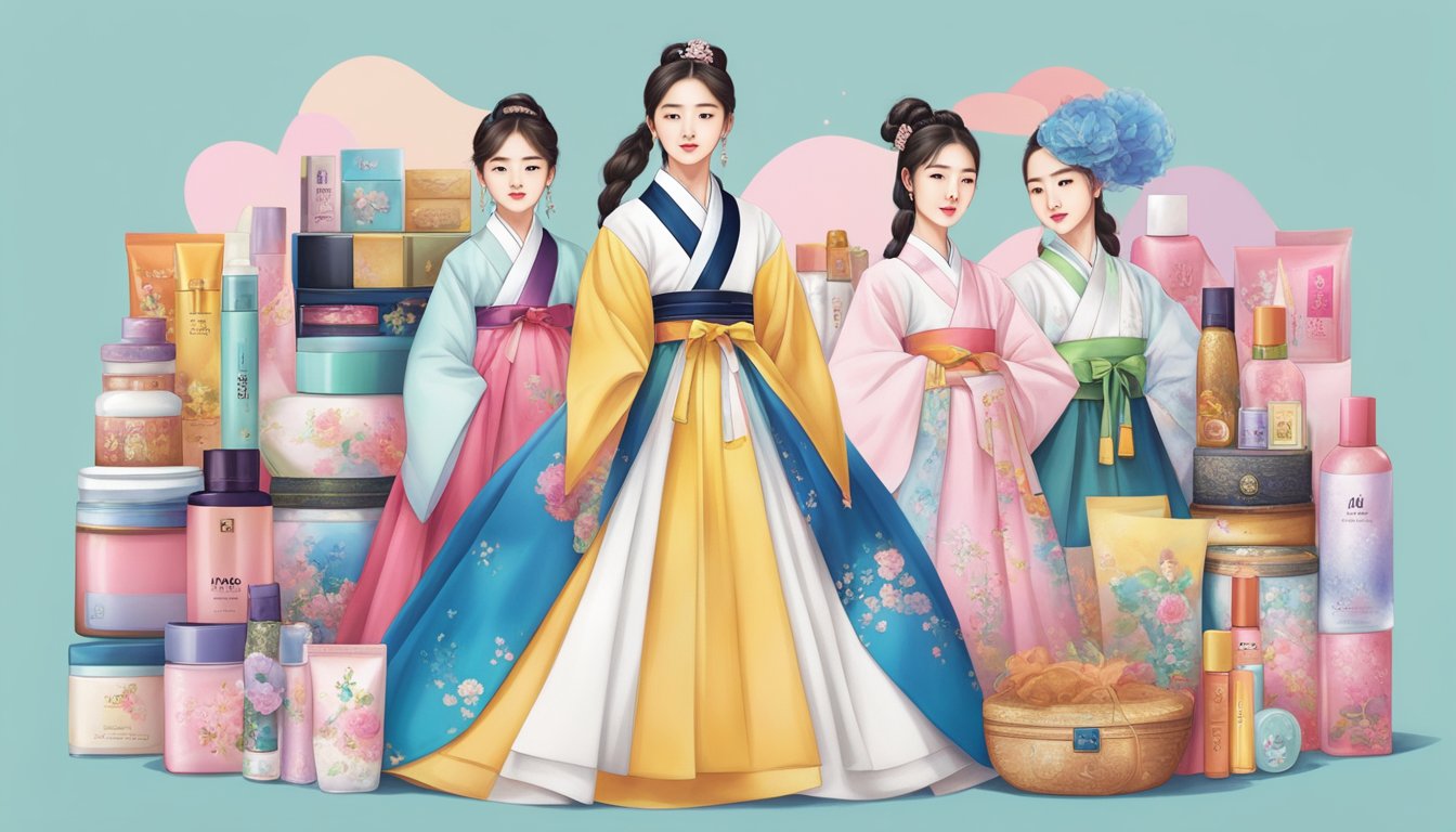 A traditional Korean hanbok surrounded by modern K-pop and K-beauty products, symbolizing the fusion of traditional culture and contemporary trends in South Korea