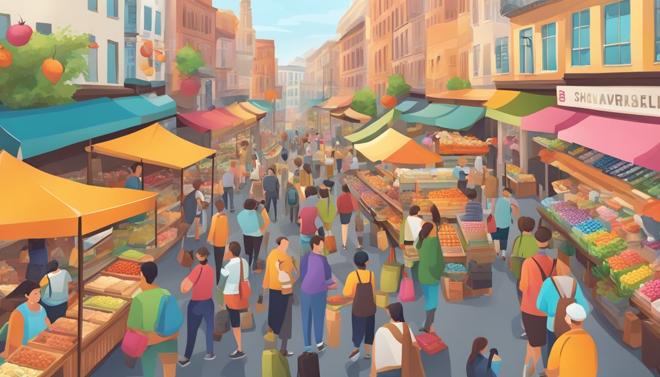 A crowded street market with colorful signs and busy shoppers browsing through a variety of products