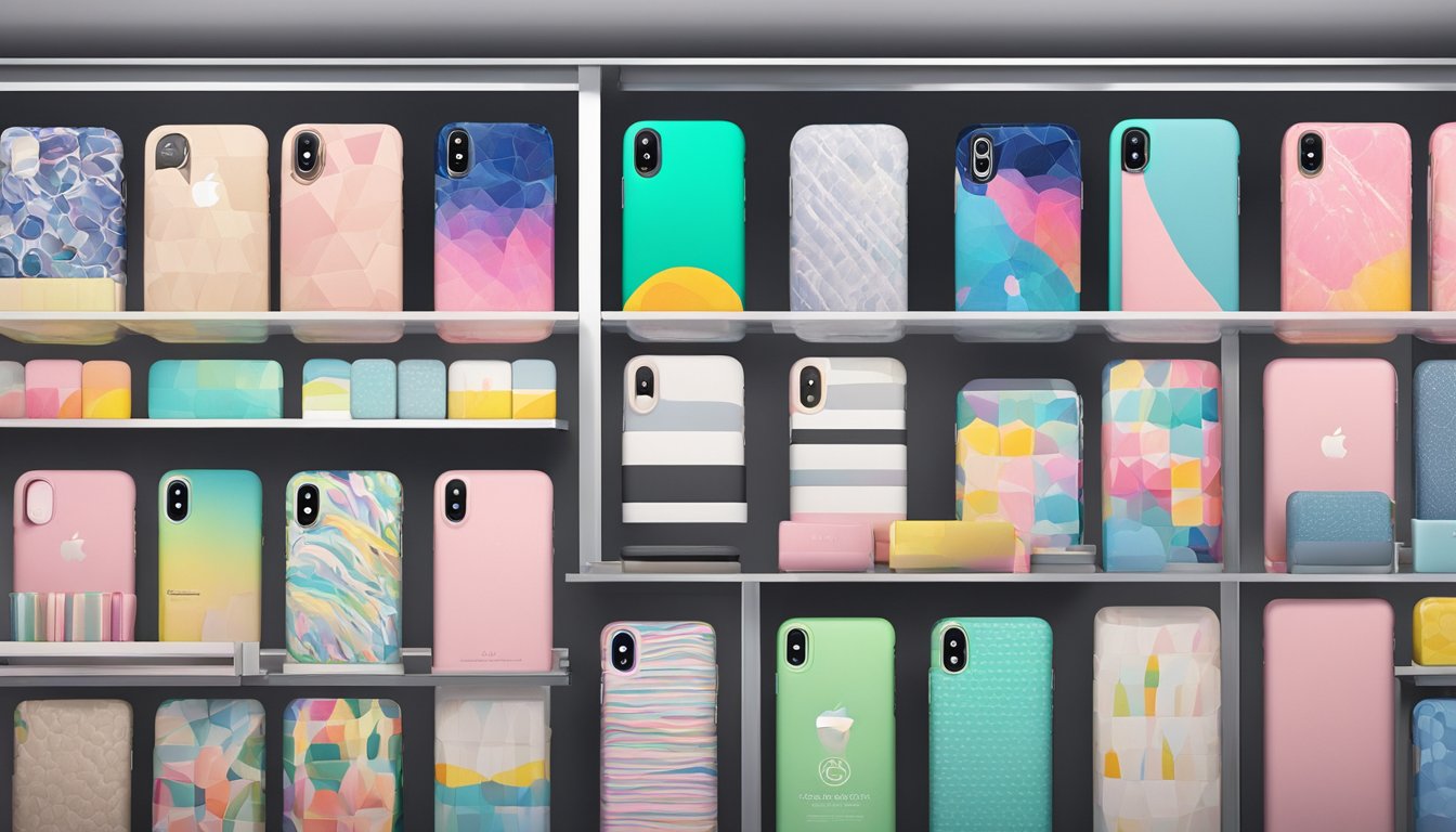 Various iPhone cover brands displayed on a shelf in a store. Different colors, patterns, and materials are showcased
