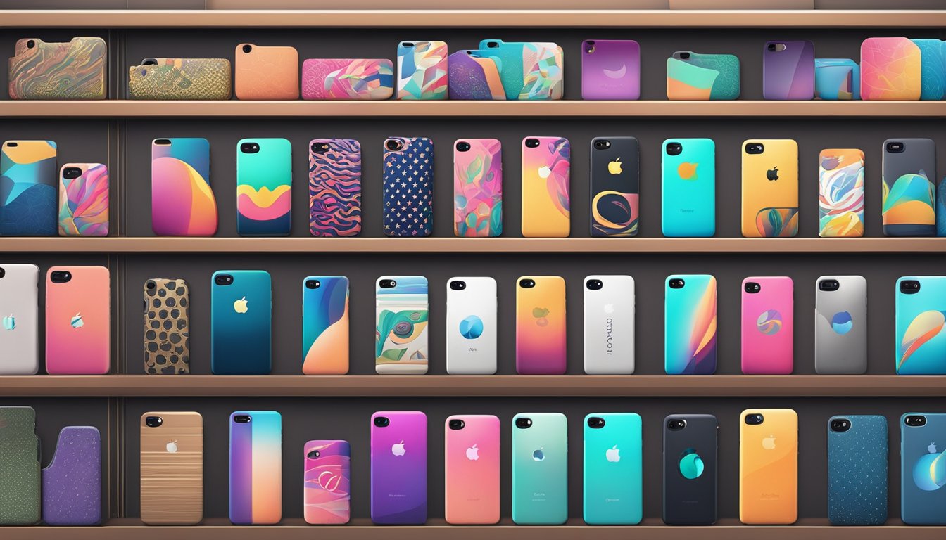 Various iPhone cover brands displayed on shelves, with colorful and trendy designs. Brand logos and product names are prominently featured