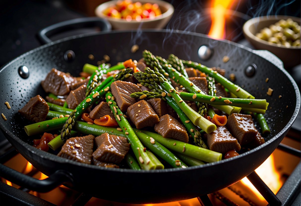 Sizzling beef and asparagus stir-fry in a wok with aromatic Chinese seasonings