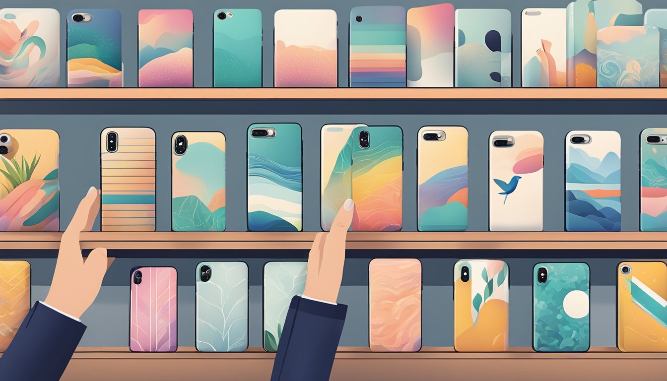 A hand reaches for various iPhone cases on a display shelf, comparing designs and brands
