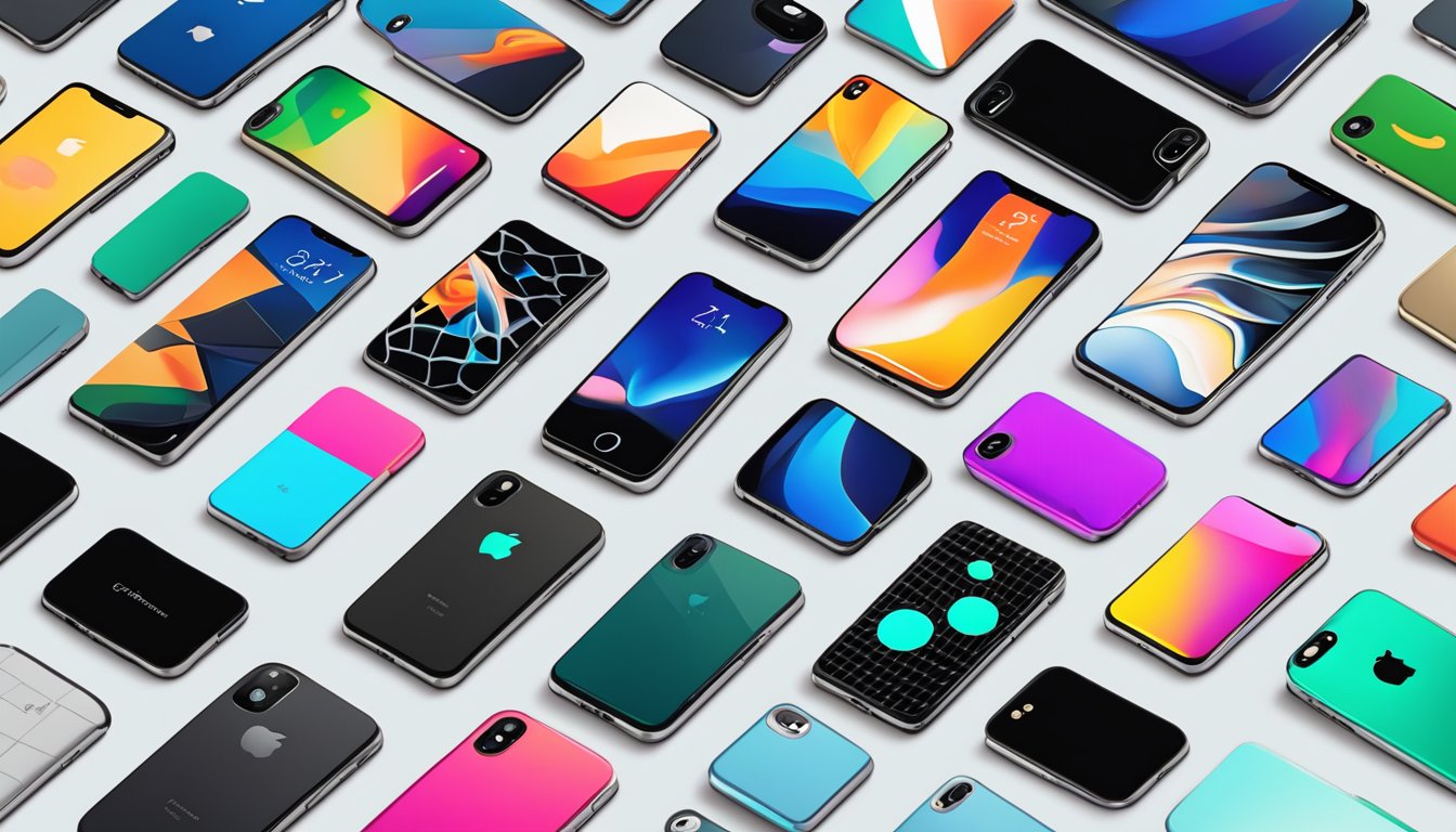 An array of iphone cover brands with logos displayed, surrounded by question marks