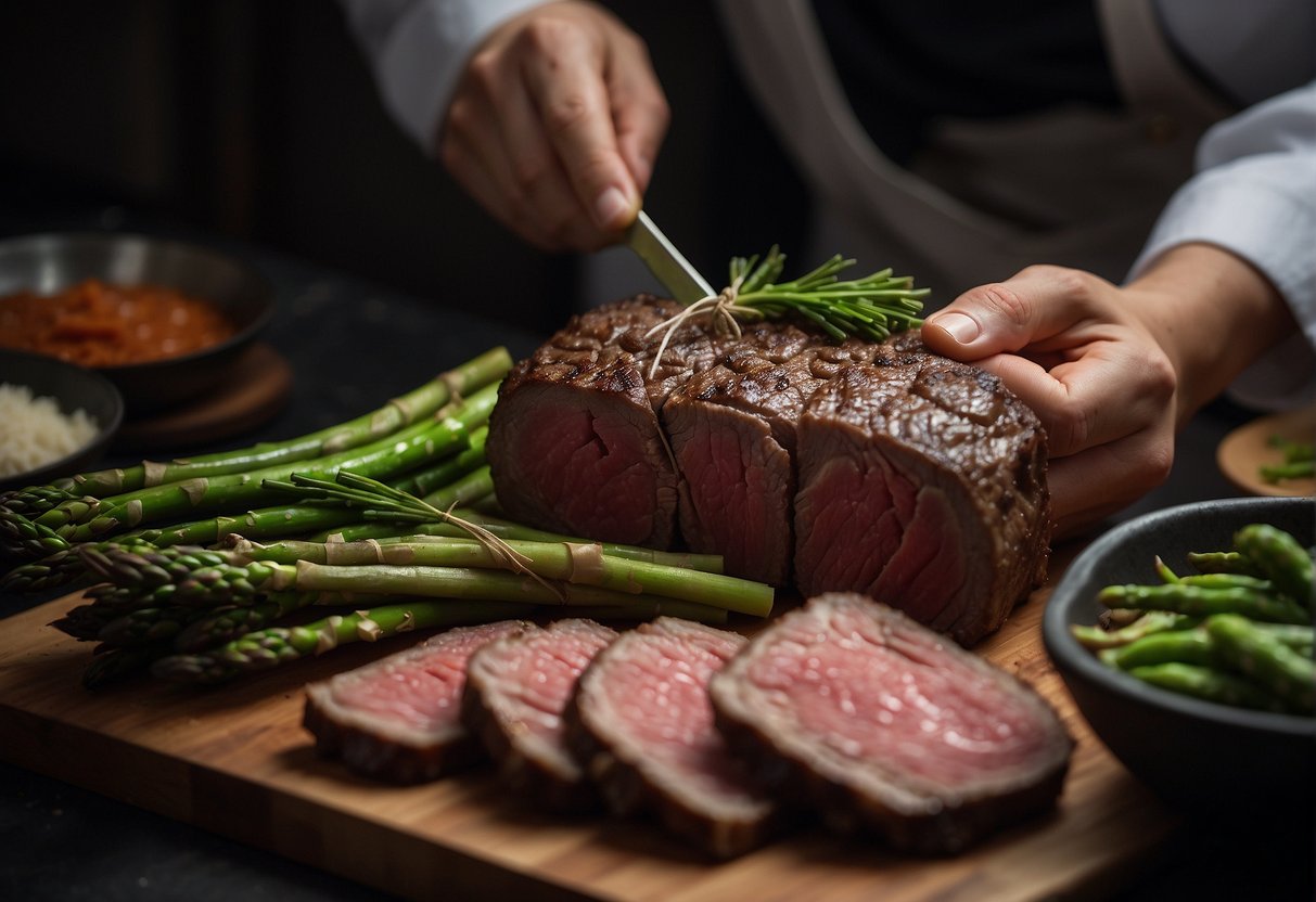 A chef selects fresh beef and asparagus for a Chinese recipe