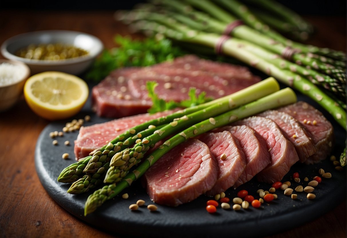 Fresh beef slices and vibrant green asparagus are neatly arranged on a cutting board, surrounded by traditional Chinese spices and seasonings