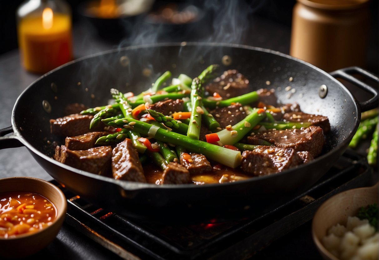 Beef and asparagus sizzling in a wok with Chinese sauce