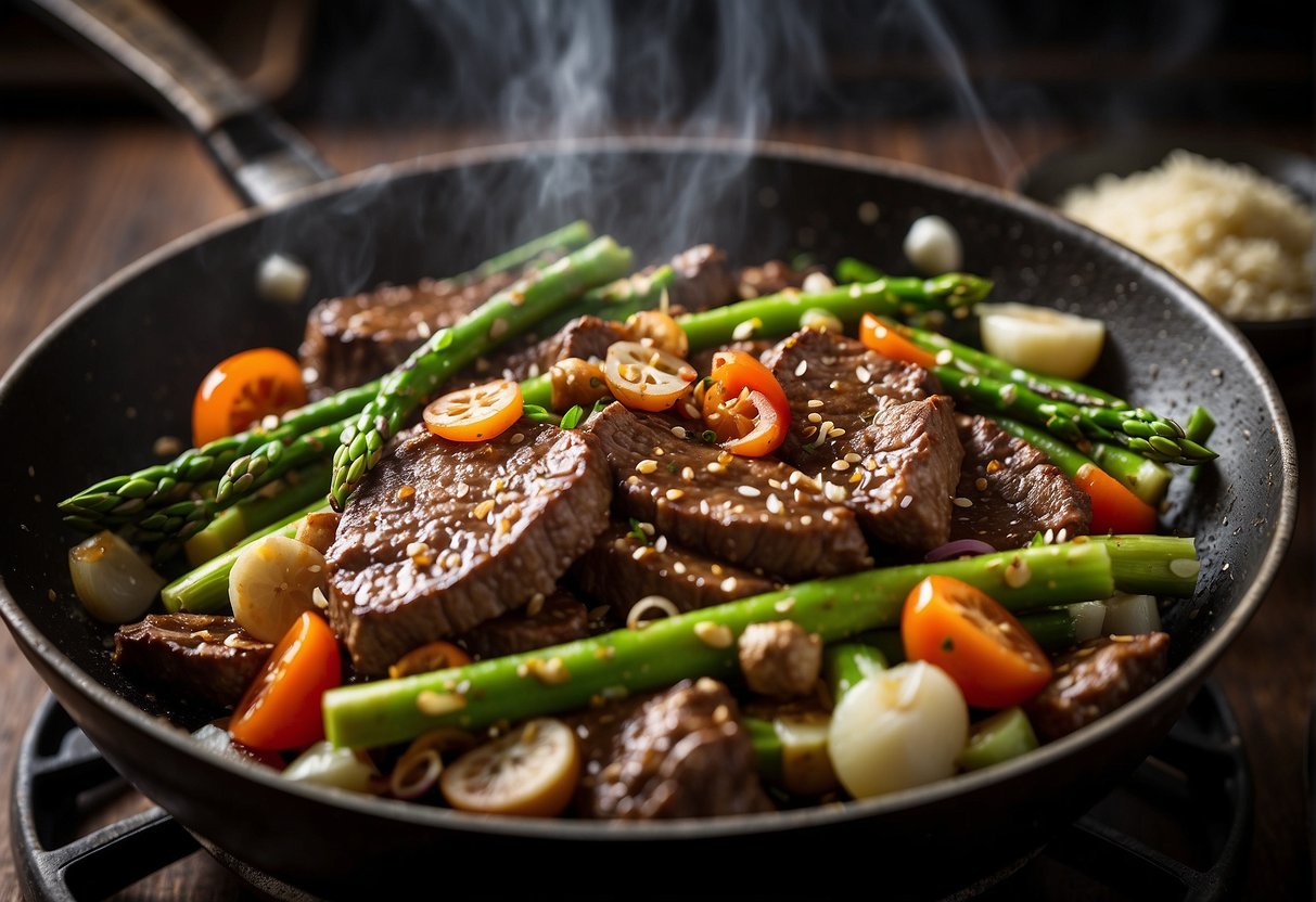 Beef stir-frying in wok with asparagus, garlic, and ginger. Soy sauce and spices added for flavor