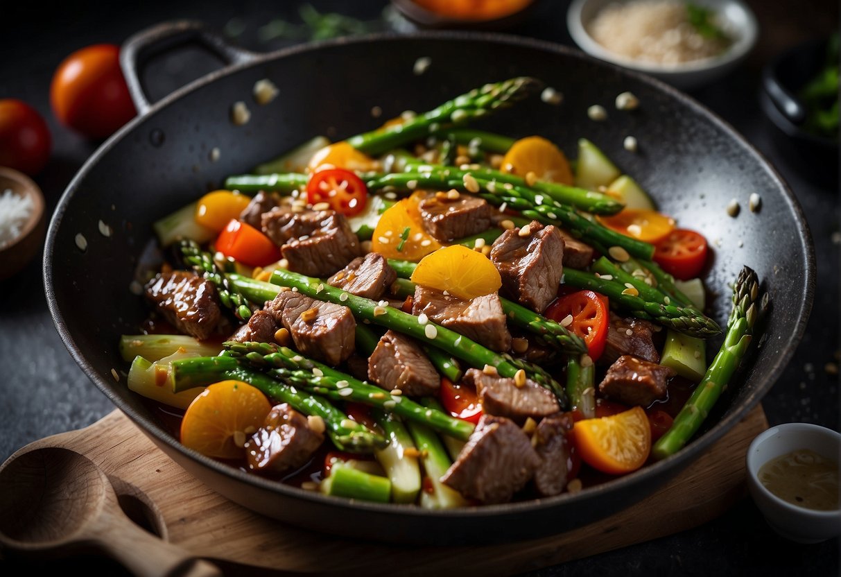 A sizzling beef stir-fry with fresh asparagus, ginger, and garlic in a sizzling wok. A colorful array of vegetables and savory sauce