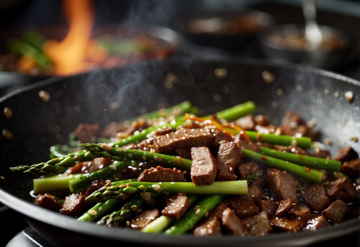 A sizzling wok stir-fries beef and asparagus in a fragrant Chinese kitchen. Steam rises as the chef expertly tosses the ingredients, creating a mouthwatering dish