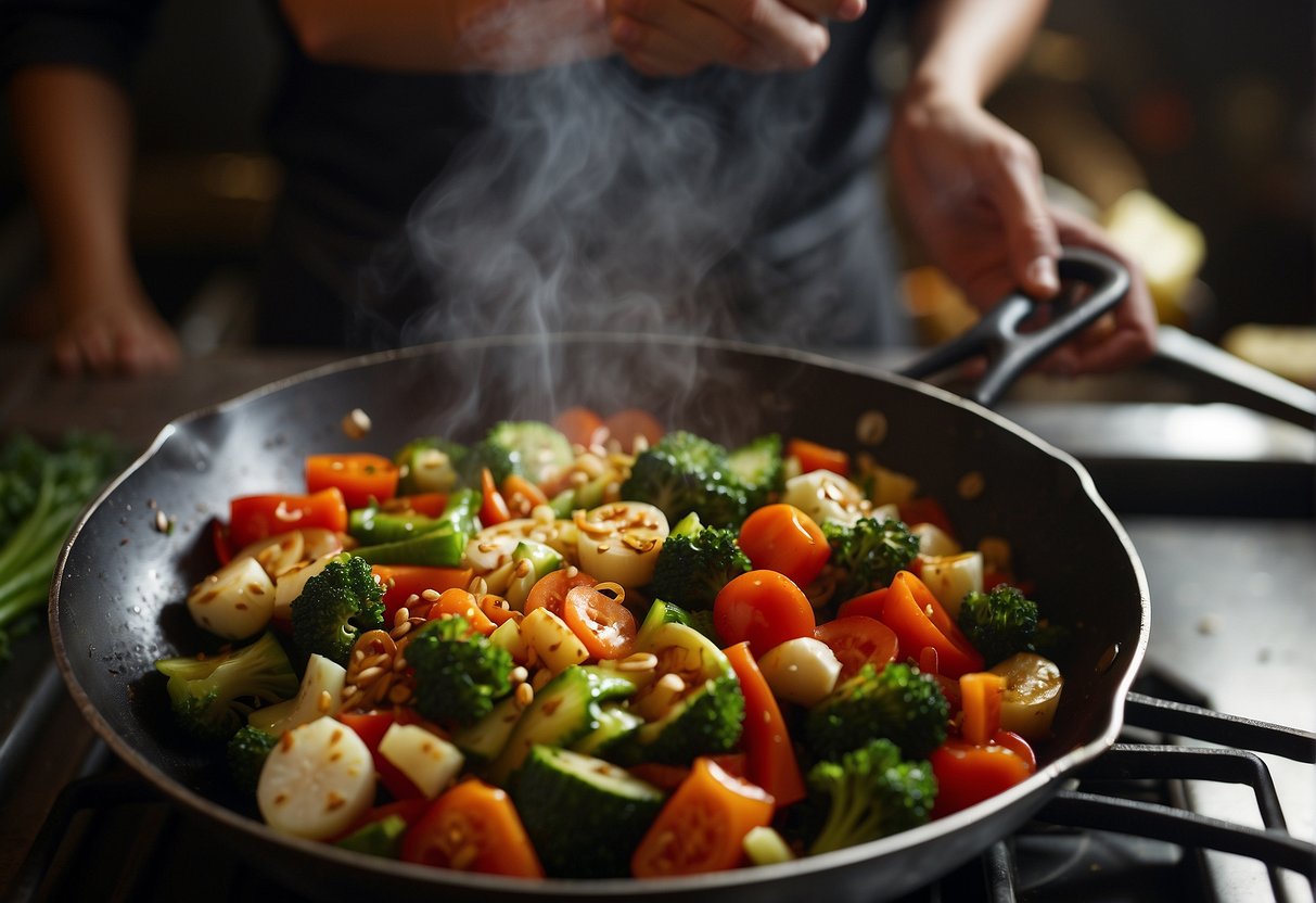 Fresh vegetables sizzle in a hot wok as a chef tosses them with soy sauce and spices for a Chinese stir fry recipe