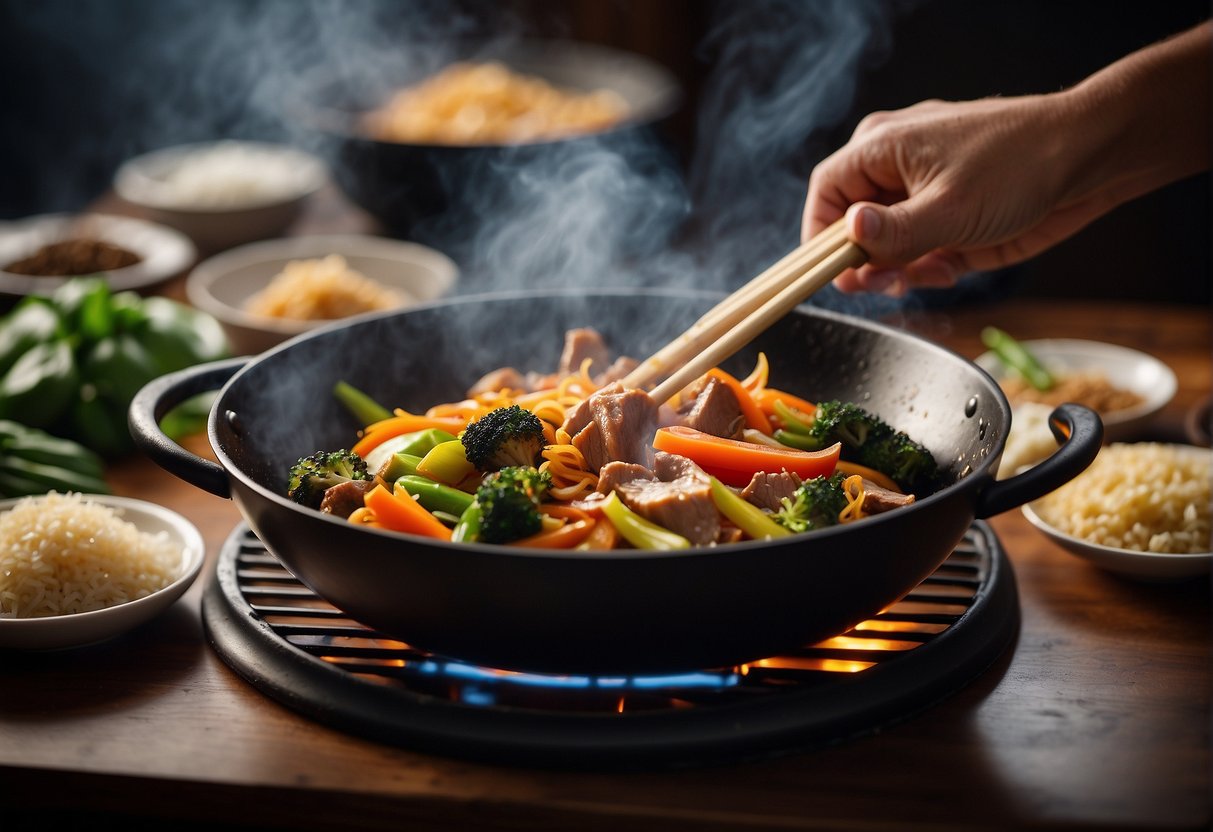 A wok sizzles with garlic, ginger, soy sauce, and sugar, creating a rich aroma. Vibrant vegetables and tender strips of meat await their turn in the bubbling sauce