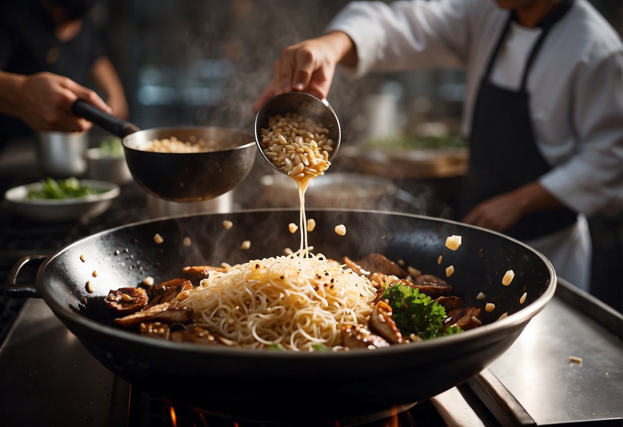 A wok sizzles as a chef pours a mixture of soy sauce, oyster sauce, and sesame oil into a bowl of minced garlic and ginger. The aroma of the savory sauce fills the air
