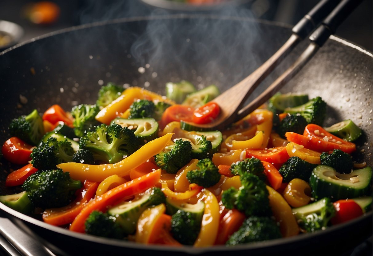 Sizzling vegetables and protein in a wok with Chinese stir fry sauce. Steam rising, vibrant colors, and tantalizing aromas fill the kitchen