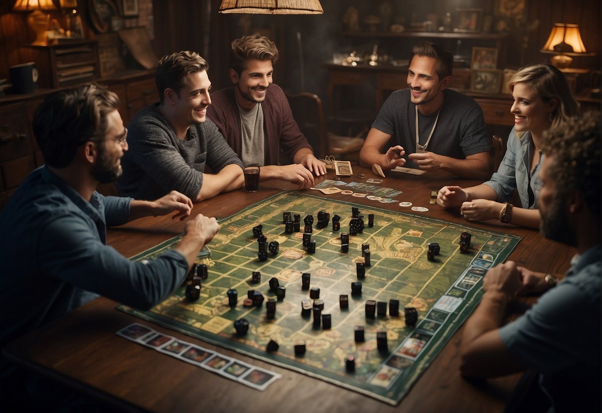 A group of friends sit around a cluttered table, rolling dice and moving miniatures on a detailed game board. Character sheets and rulebooks are scattered around, creating an atmosphere of focused excitement