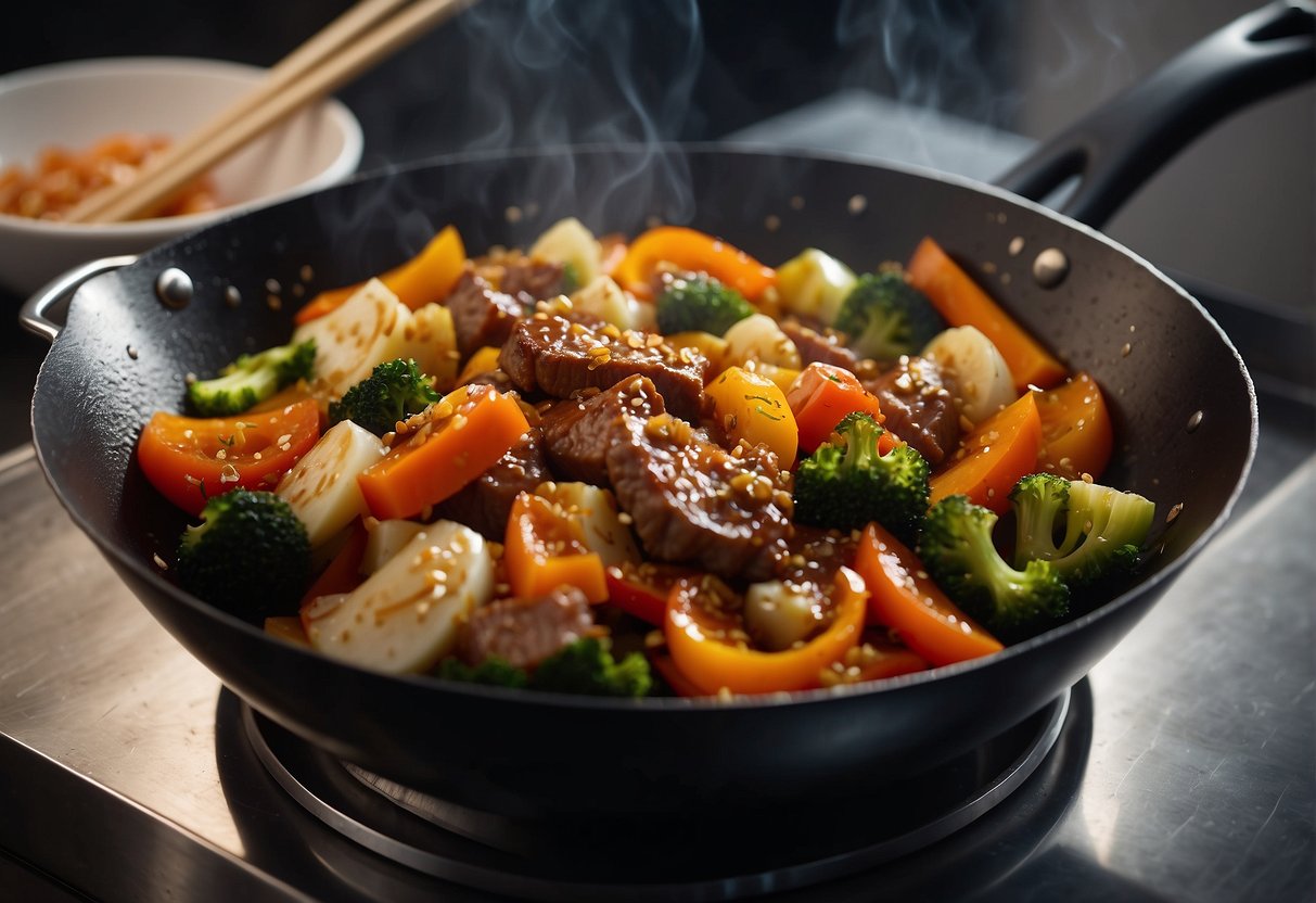 A wok sizzles over high heat. Sliced vegetables and meat are tossed in, the aroma of soy sauce and ginger fills the air