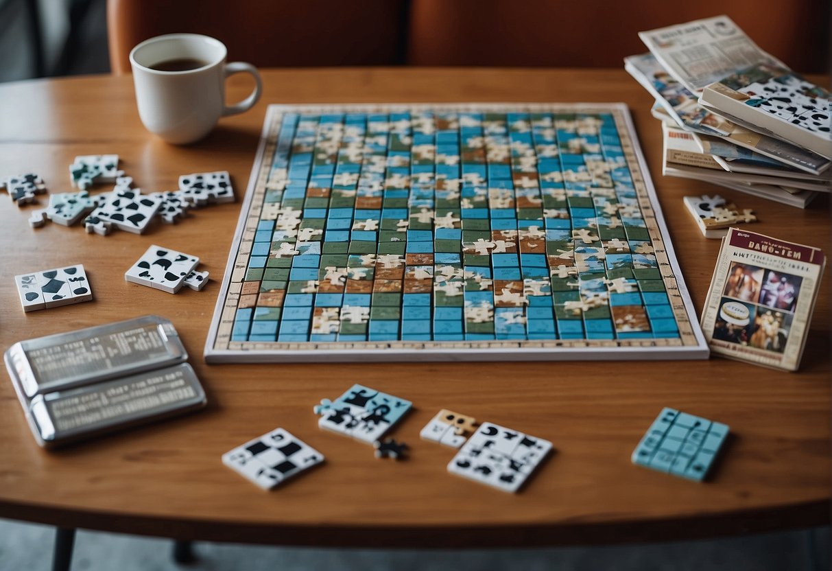A table with various puzzle games spread out, including jigsaw puzzles, crossword puzzles, and Sudoku. A comfortable chair is placed next to the table