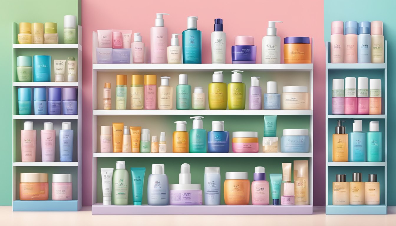 A colorful display of popular Korean skincare brands arranged on shelves, with vibrant packaging and enticing product names