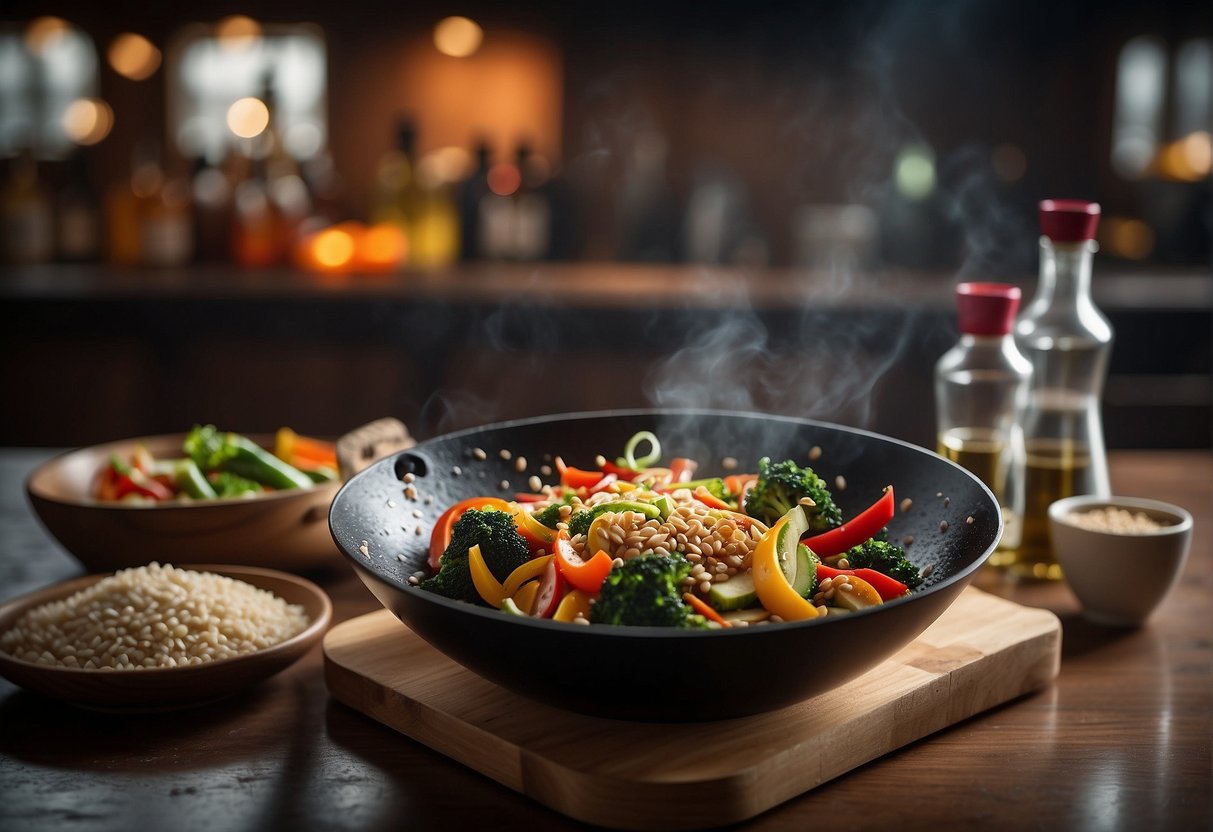 A wok sizzles with colorful vegetables and lean protein, surrounded by bottles of soy sauce and sesame oil. A nutrition label displays macronutrient breakdown