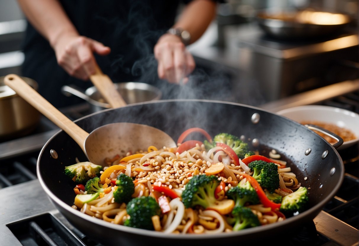 A wok sizzles over high heat, as a chef pours in a mixture of soy sauce, ginger, garlic, and sugar, creating a fragrant Chinese stir fry sauce