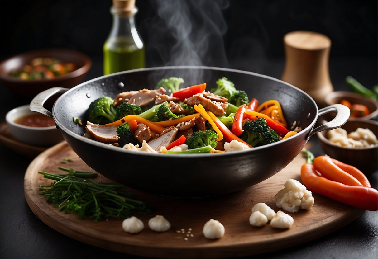 A sizzling wok filled with colorful vegetables and tender strips of meat, surrounded by bottles of soy sauce, oyster sauce, and sesame oil