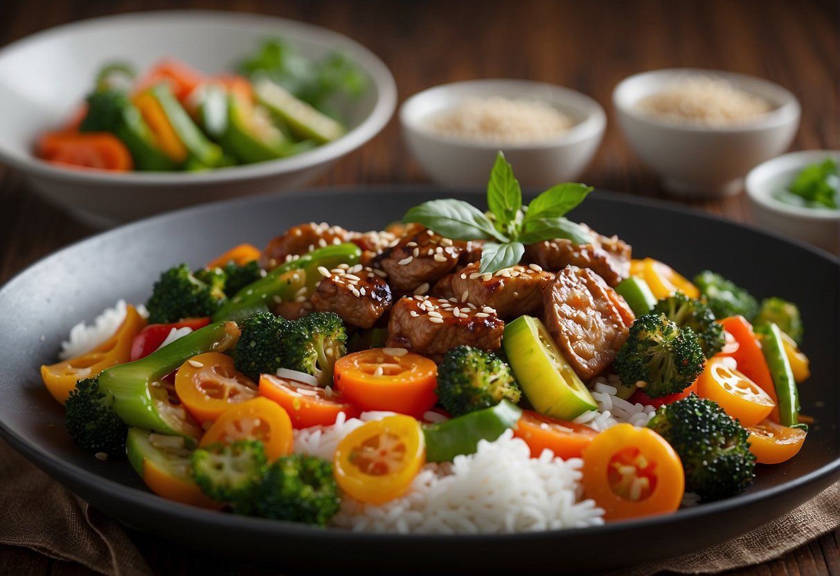 A sizzling wok of colorful stir-fried vegetables and tender chunks of meat, garnished with sesame seeds and fresh herbs, is elegantly arranged on a bed of steamed jasmine rice