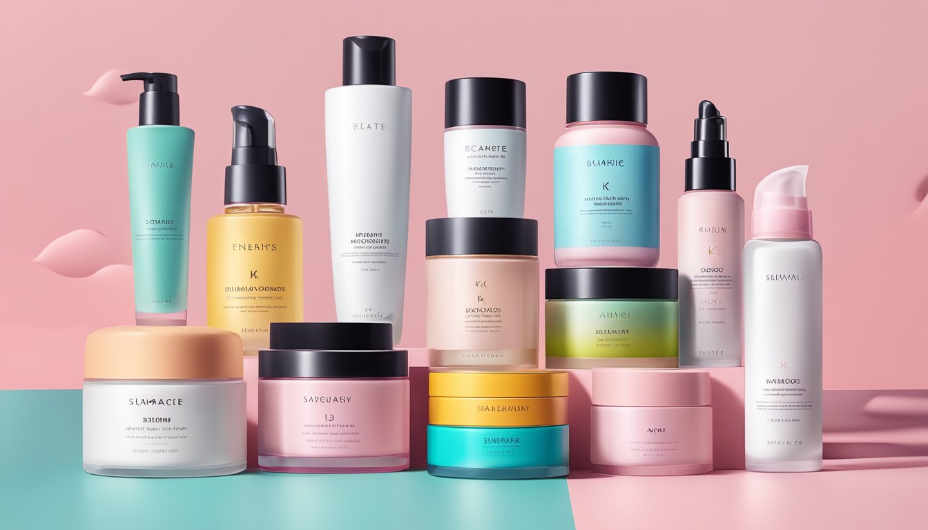 A colorful display of popular K-Beauty skincare brands, featuring vibrant packaging and iconic products, set against a backdrop of minimalist, modern design
