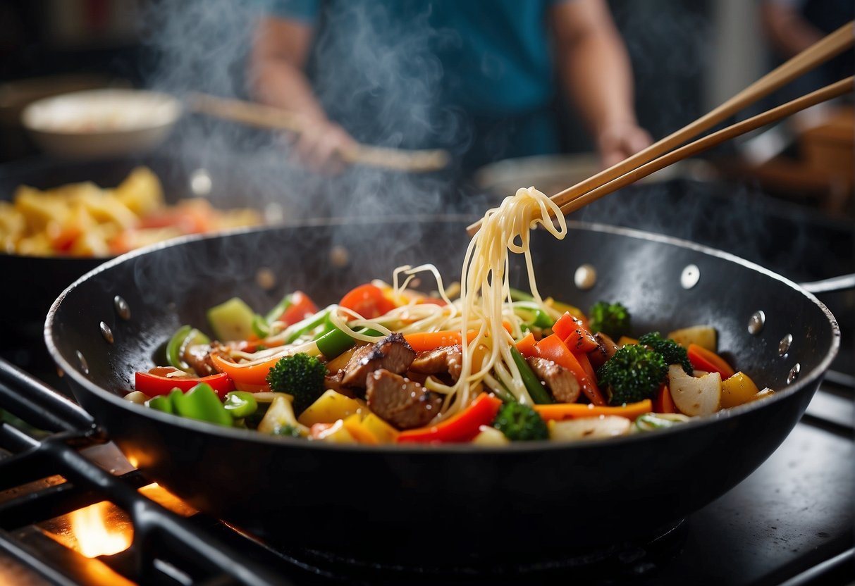 A wok sizzles with vibrant vegetables and tender strips of marinated meat, as steam rises and the aroma of soy sauce and ginger fills the air