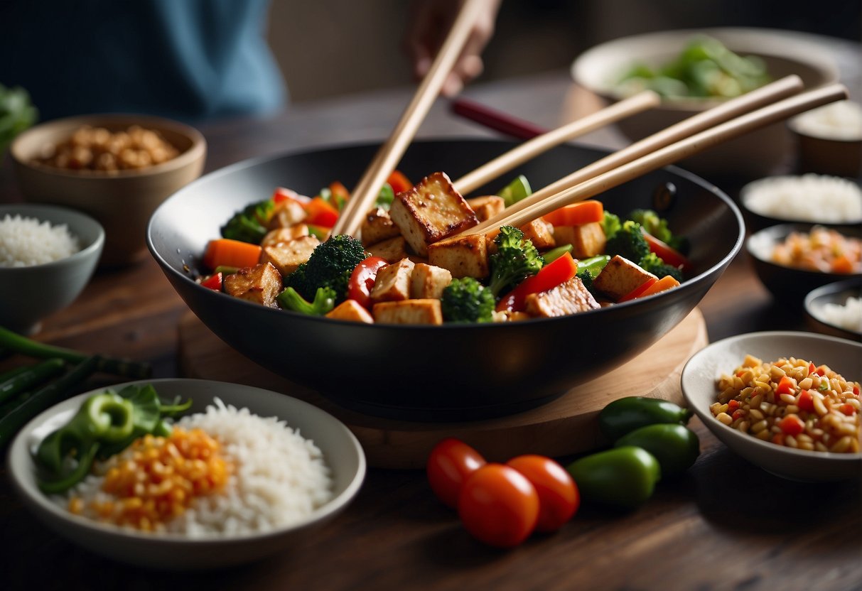 A wok sizzles with vibrant vegetables and savory tofu, coated in a glossy Chinese stir fry sauce. Bowls of rice and chopsticks sit nearby, ready to complete the meal