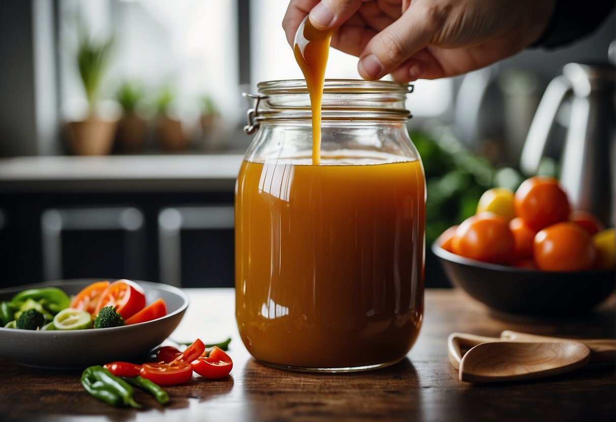 A hand pours homemade Chinese stir fry sauce into a glass jar for storage. Ingredients and a recipe card are nearby