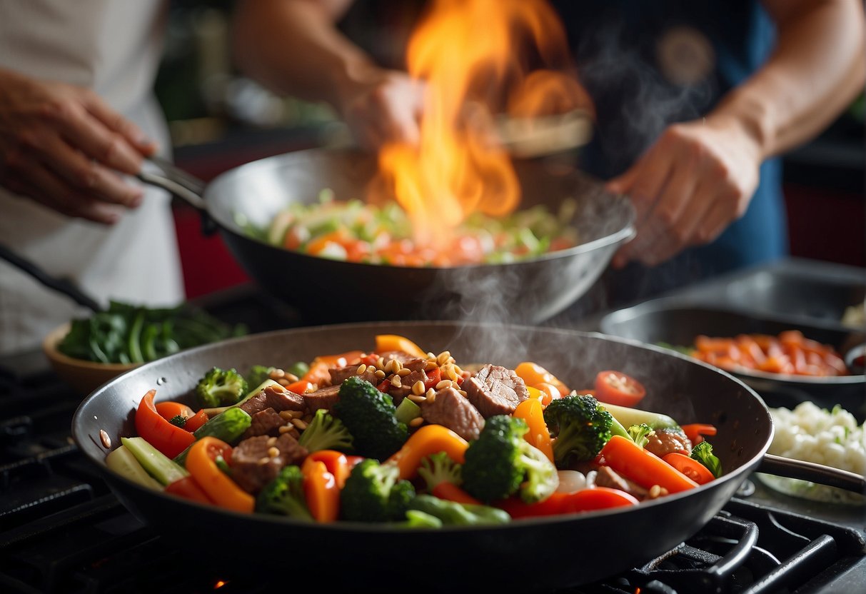 A wok sizzling with a colorful array of fresh vegetables and meat, as a chef pours in a savory Chinese stir fry sauce from a small bowl