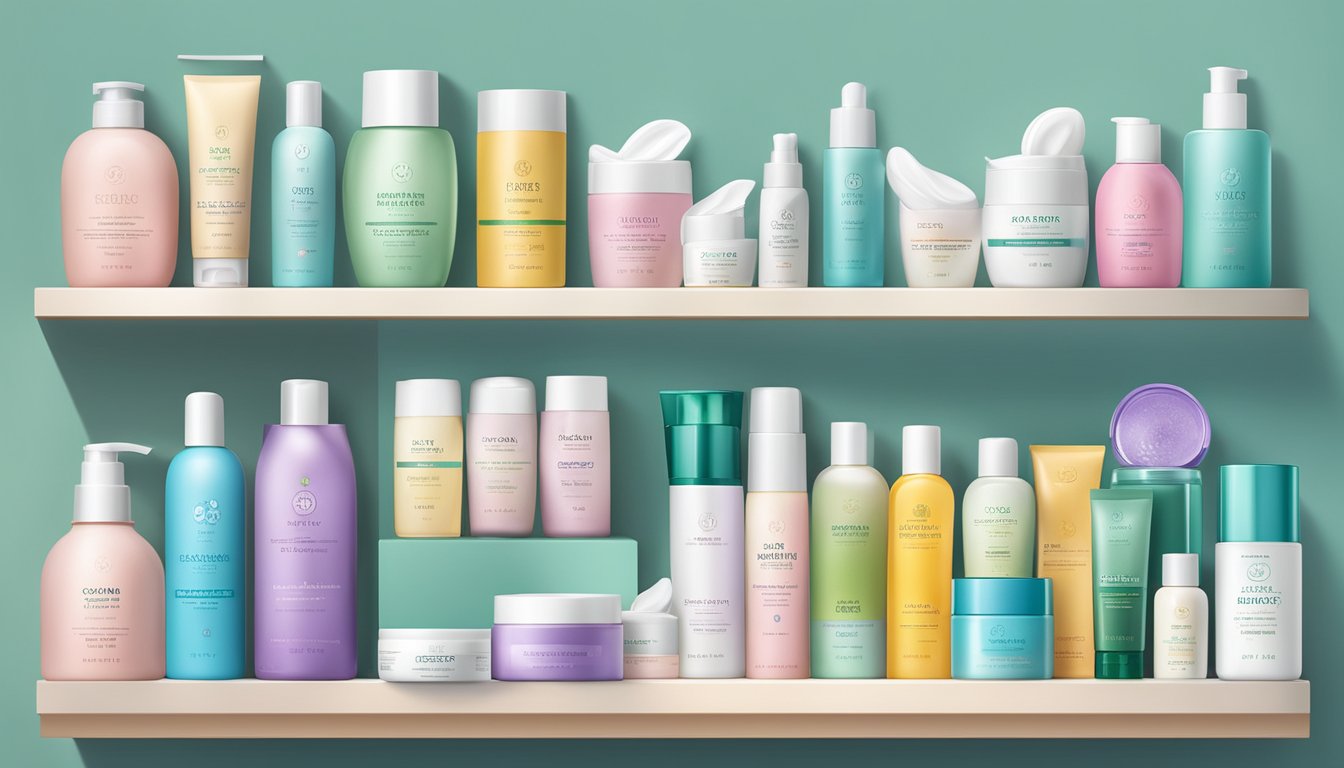 A display of top Korean skincare brands, featuring colorful packaging and diverse products on a clean, modern shelf