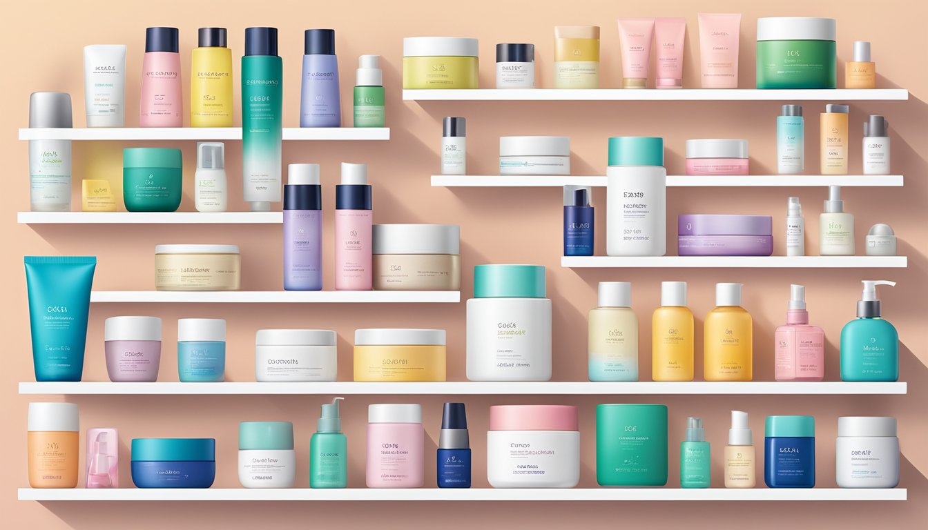 A lineup of popular Korean skincare products arranged neatly on a clean, minimalist shelf. Brightly colored packaging and sleek, modern designs catch the eye