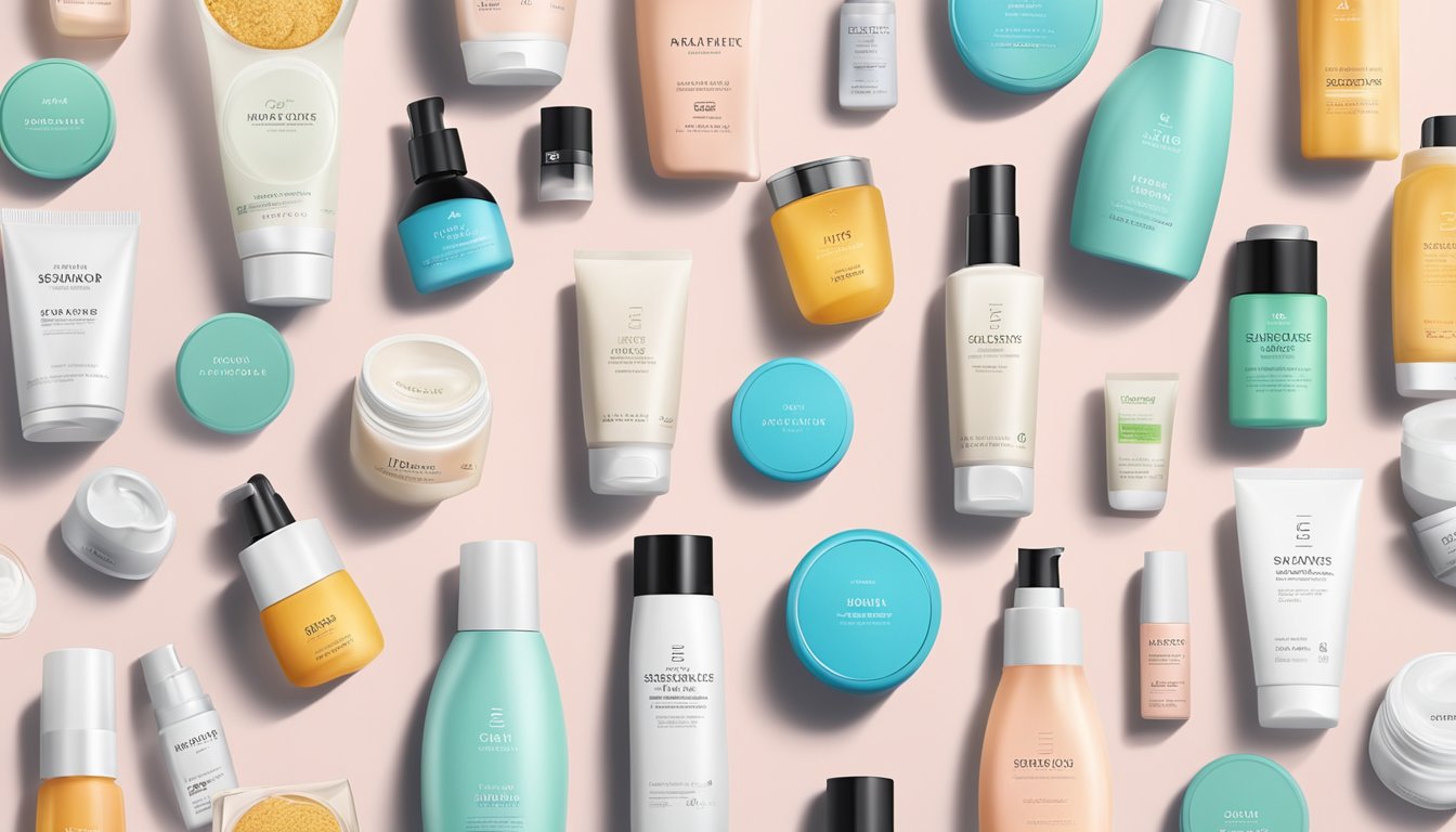 A variety of skincare products from popular Korean brands arranged neatly on a clean, minimalist backdrop