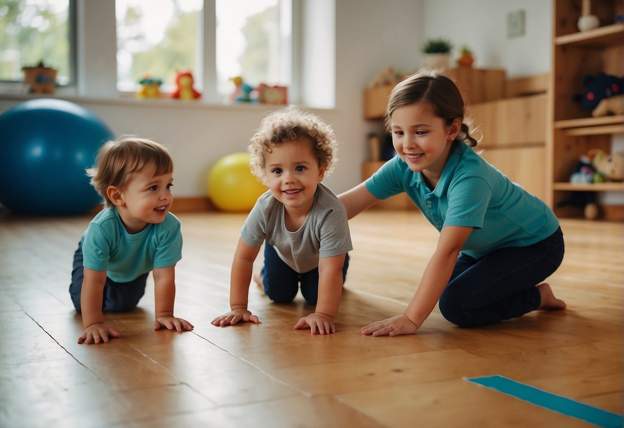 Toddlers practicing forward rolls and somersaults in a safe, padded environment with supervision from a caregiver or instructor
