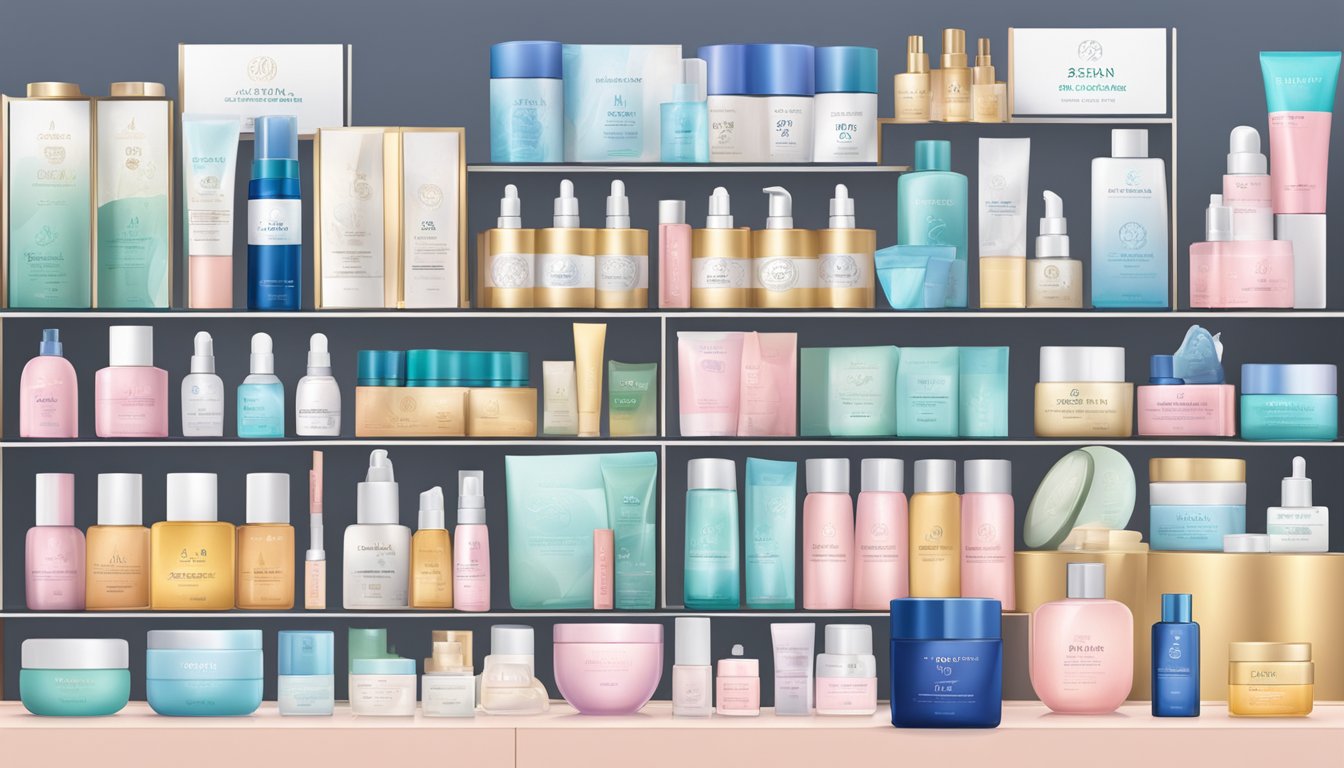 A display of various Korean skincare products with brand logos and FAQ signs