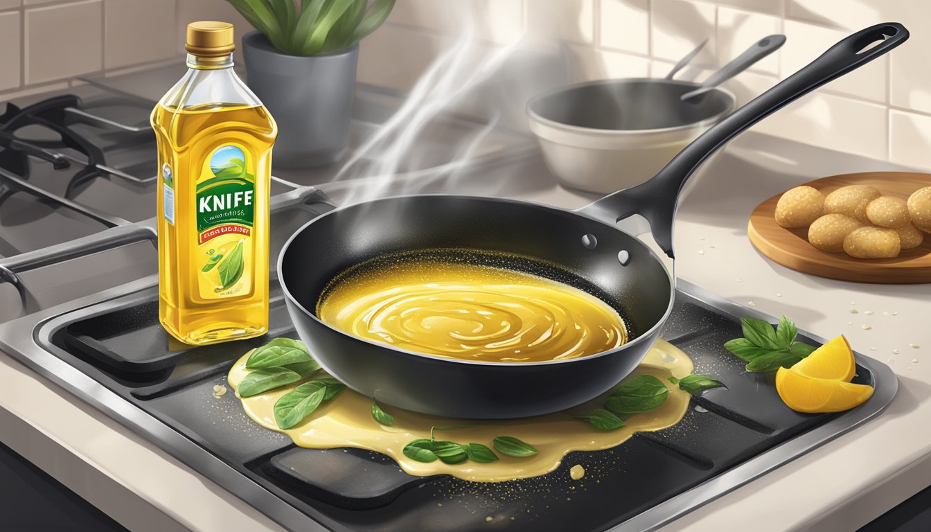 A bottle of Knife brand cooking oil sits on a kitchen counter, with a drizzle of oil pouring out onto a sizzling pan