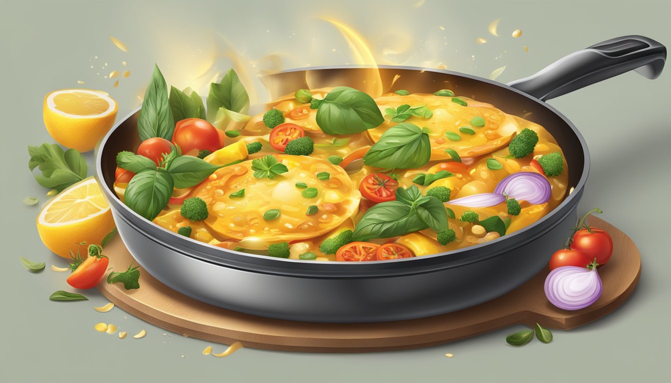 A sizzling pan with Knife Brand Cooking Oil, emitting a golden glow, surrounded by fresh ingredients