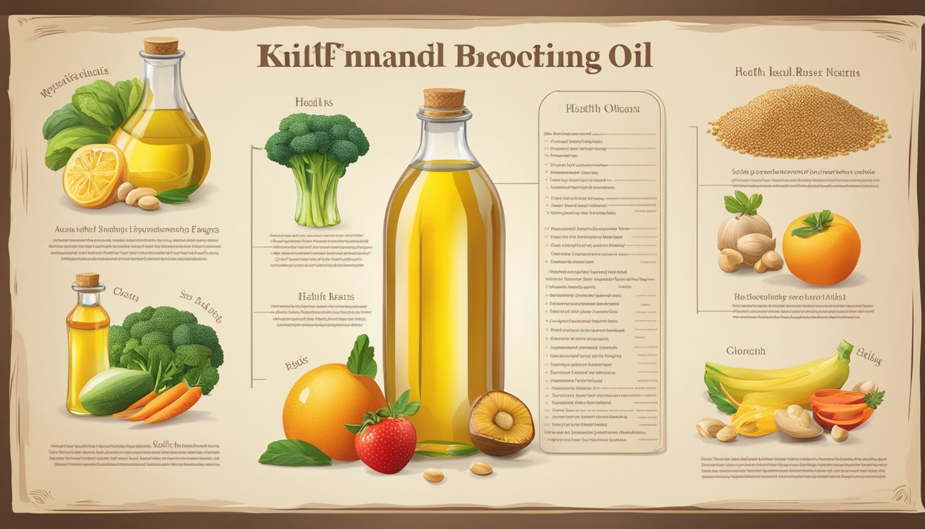 A bottle of Knife brand cooking oil surrounded by various fruits, vegetables, and grains, with a nutritional profile chart and a list of health benefits displayed prominently
