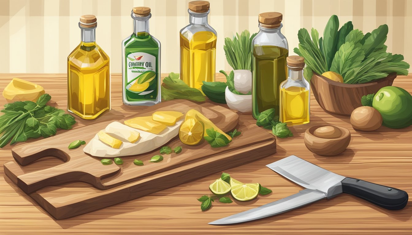A bottle of Culinary Applications knife brand cooking oil sits on a wooden cutting board next to a variety of fresh ingredients