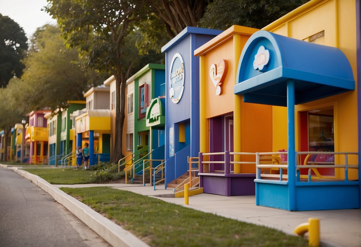 Two preschool buildings stand side by side, each with its own unique logo and branding. A steady stream of children and parents flow in and out of each location, showcasing the bustling activity of the competing franchise models