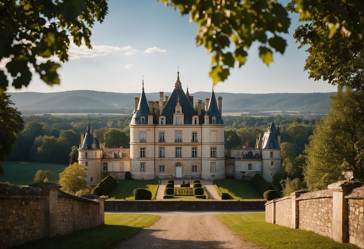 A grand chateau overlooks a picturesque countryside, adorned with elegant banners bearing noble French last names