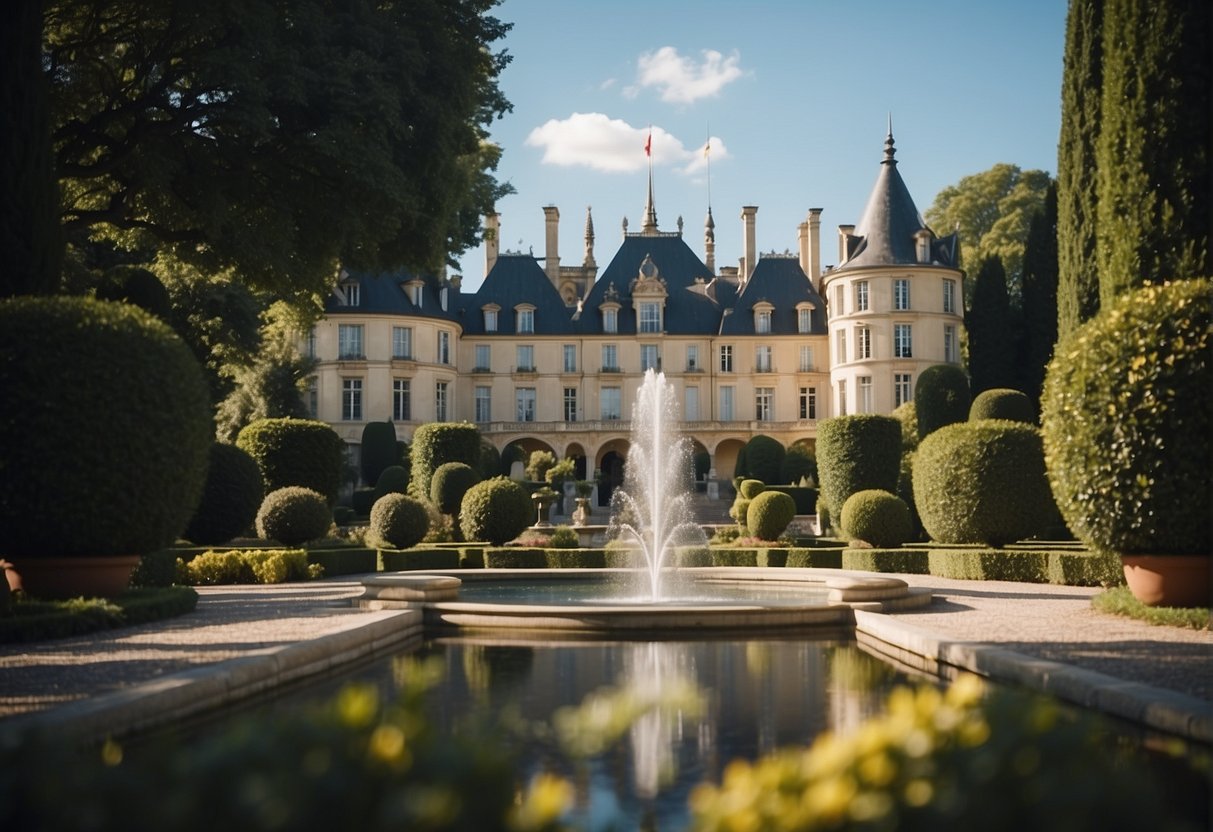 A grand chateau with a regal flag flying high, surrounded by lush gardens and a majestic fountain