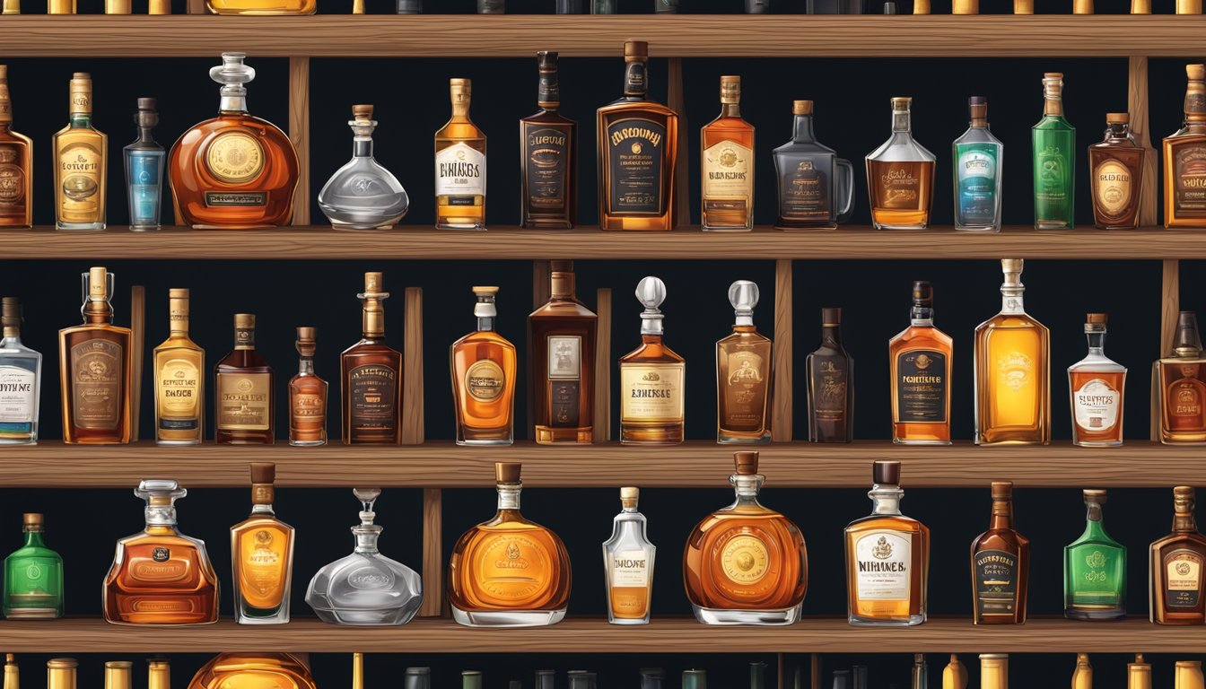 Bottles of popular whiskey brands arranged on a wooden bar shelf. Glassware and a glowing whiskey decanter sit nearby