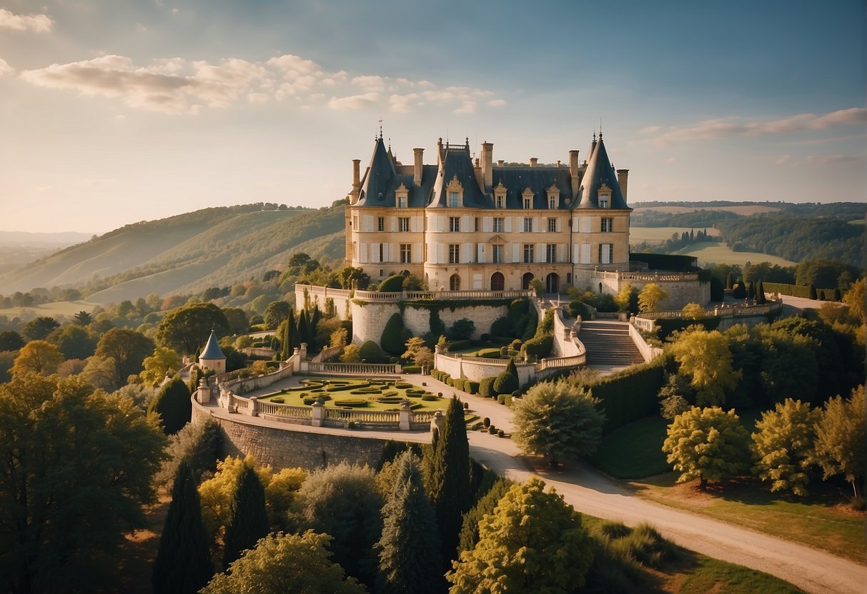 A grand chateau nestled in the rolling hills of France, adorned with banners displaying noble last names such as de Bourbon and de Montmorency