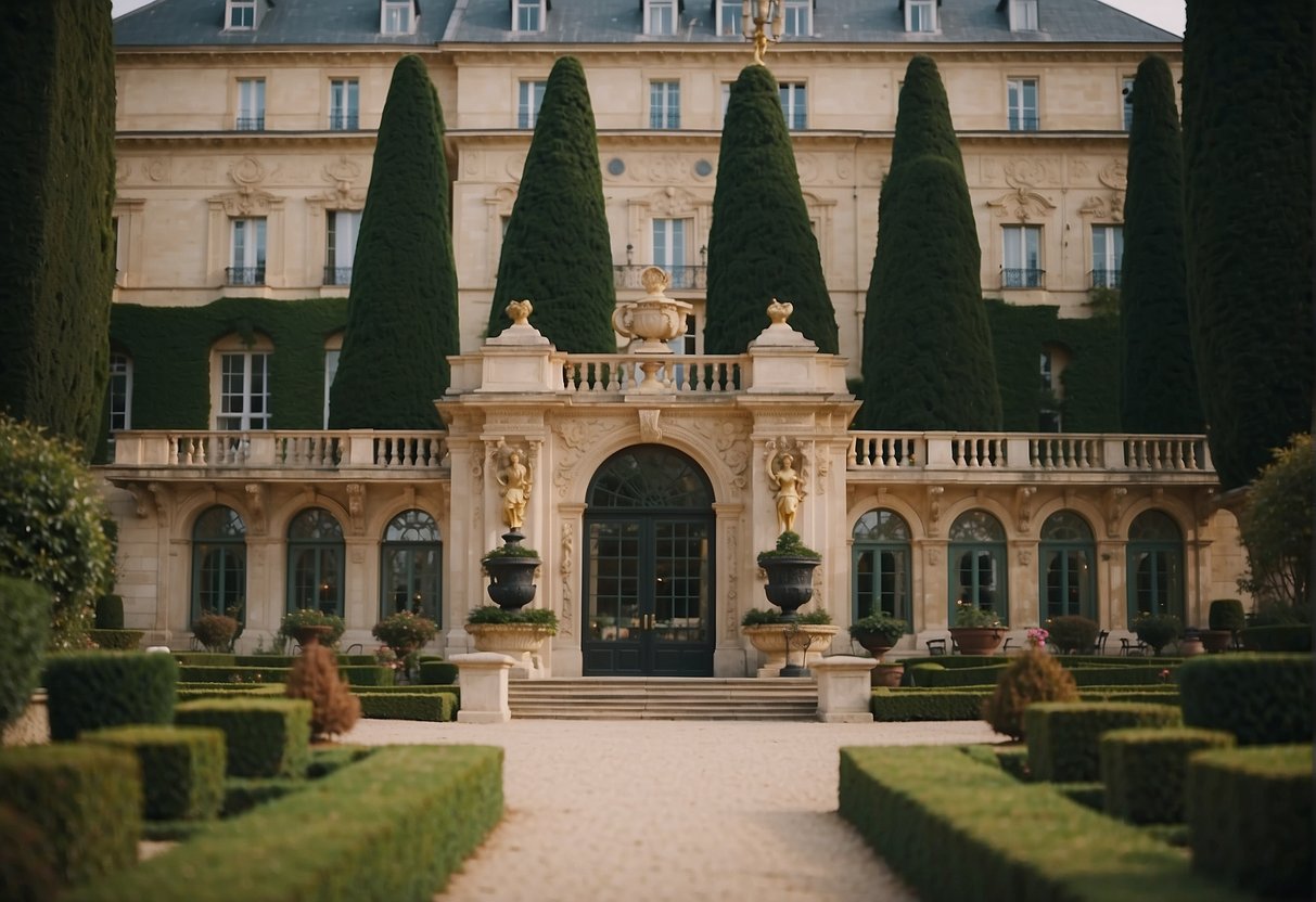 A grand chateau adorned with the heraldry of noble French last names, surrounded by opulent gardens and aristocratic figures mingling at a lavish soirée