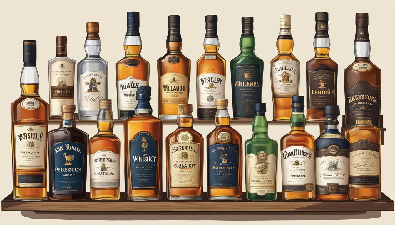 A shelf lined with iconic whisky bottles, each bearing a label that reflects the rich history and tradition of the popular whiskey brands