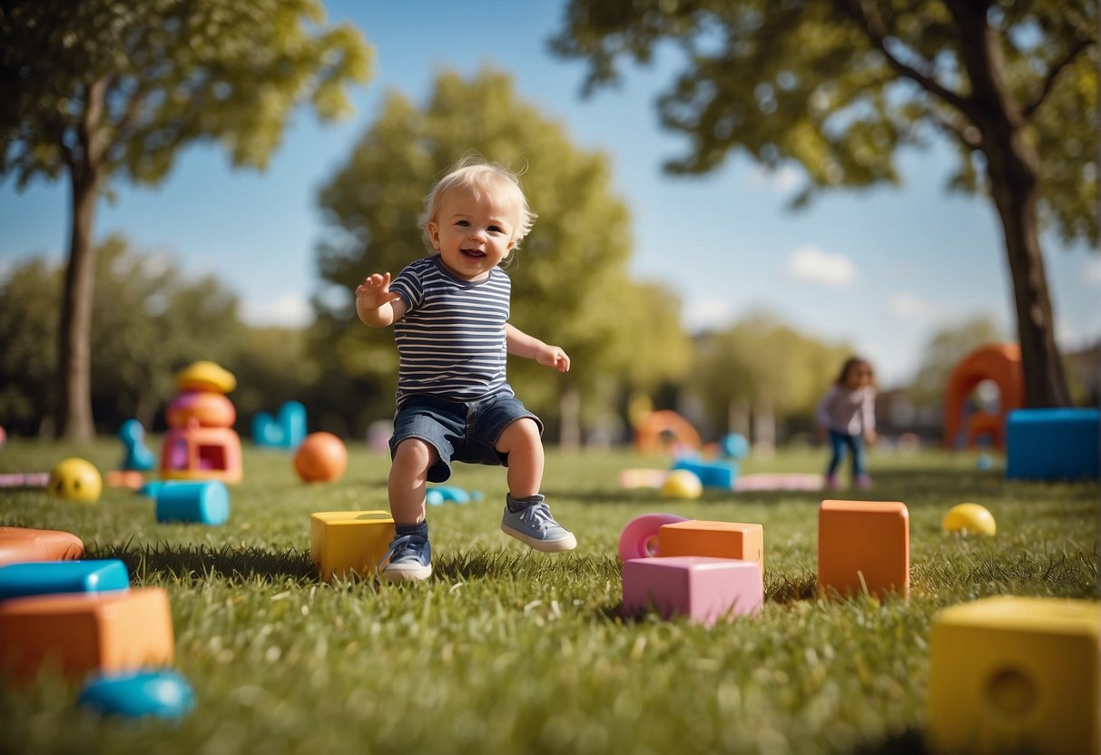 Toddlers jump in a grassy park, surrounded by colorful toys and a bright blue sky